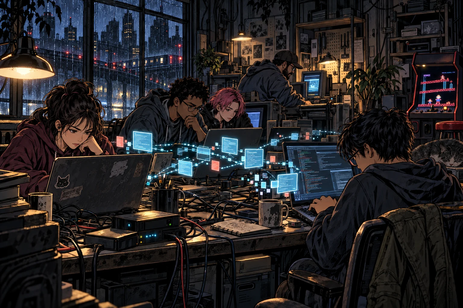 People working around worn computers in a rainy late-night workshop, with an asymmetric network of digital task windows and packet trails.